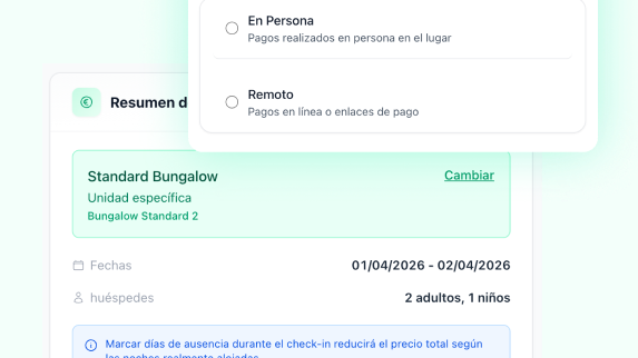 Interfaz: resumen de reserva con pago en persona o remoto